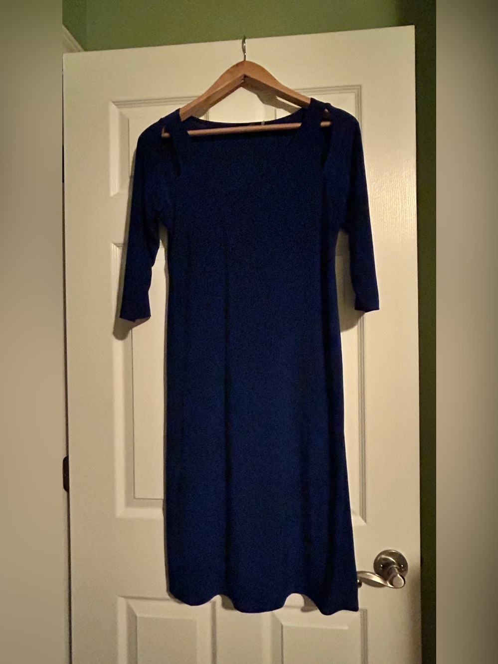 Ultramarine blue Sympli sheath dress with asymmetrical neckline.
